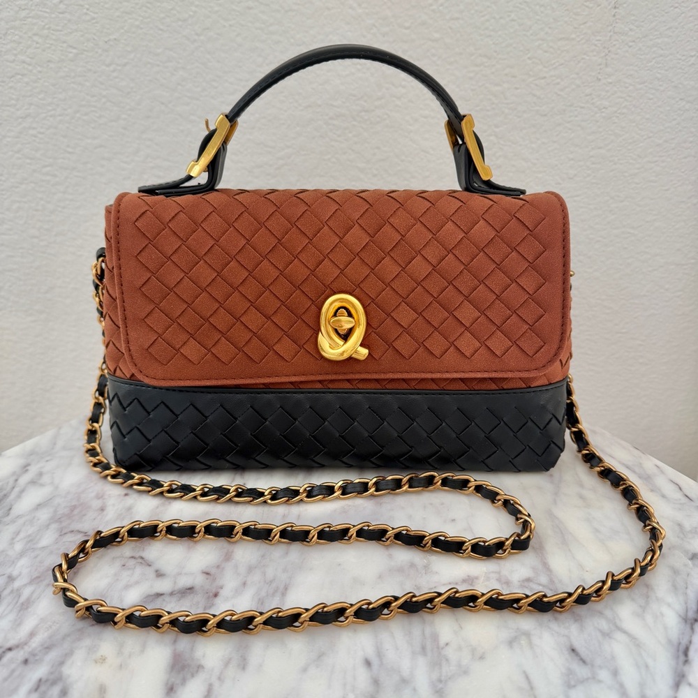 🤎 Brown Black Two-Tone Woven Leather Top Handle Crossbody Chain Strap Bag